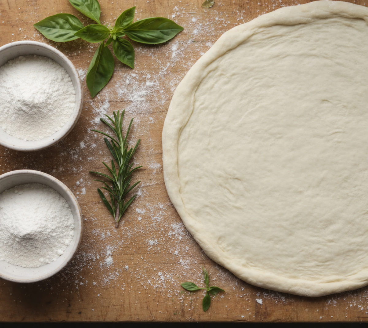 Pizzateig auf Holzbrett mit Mehlschalen und Kräutern