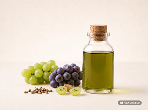 Traubenkernöl kaltgepresst, bio – grünliches Öl in Glasflasche mit grünen und blauen Weintrauben