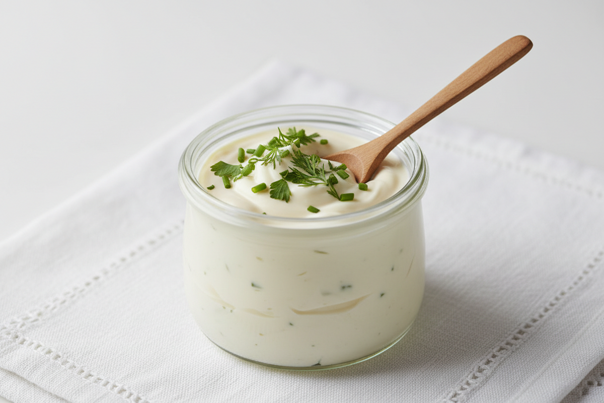 Vegane Mayonnaise im Glas mit Holzlöffel und Kräutern